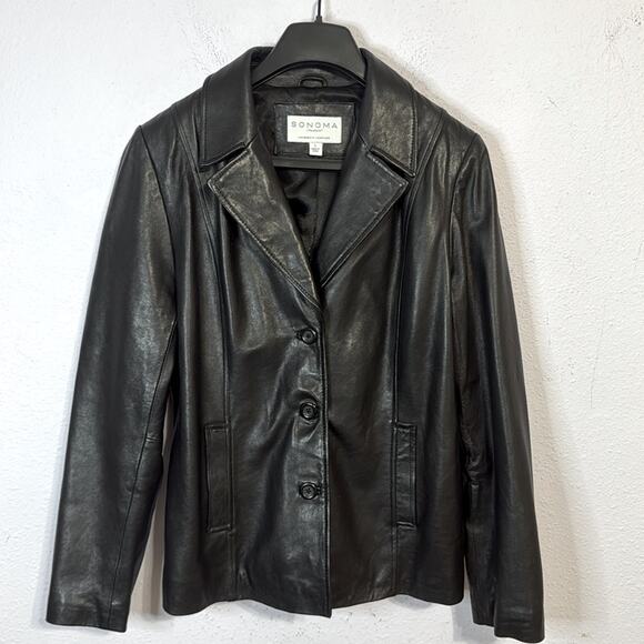 Sonoma Life Style Women Black Lambskin Leather Button Jacket Size L - Picture 1 of 7